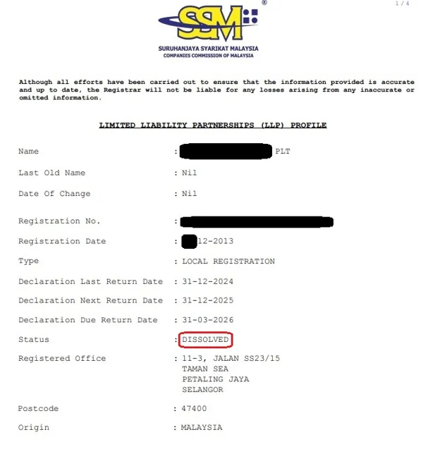 Snapshot of the LLP’s SSM profile showing the status of “Dissolved”
