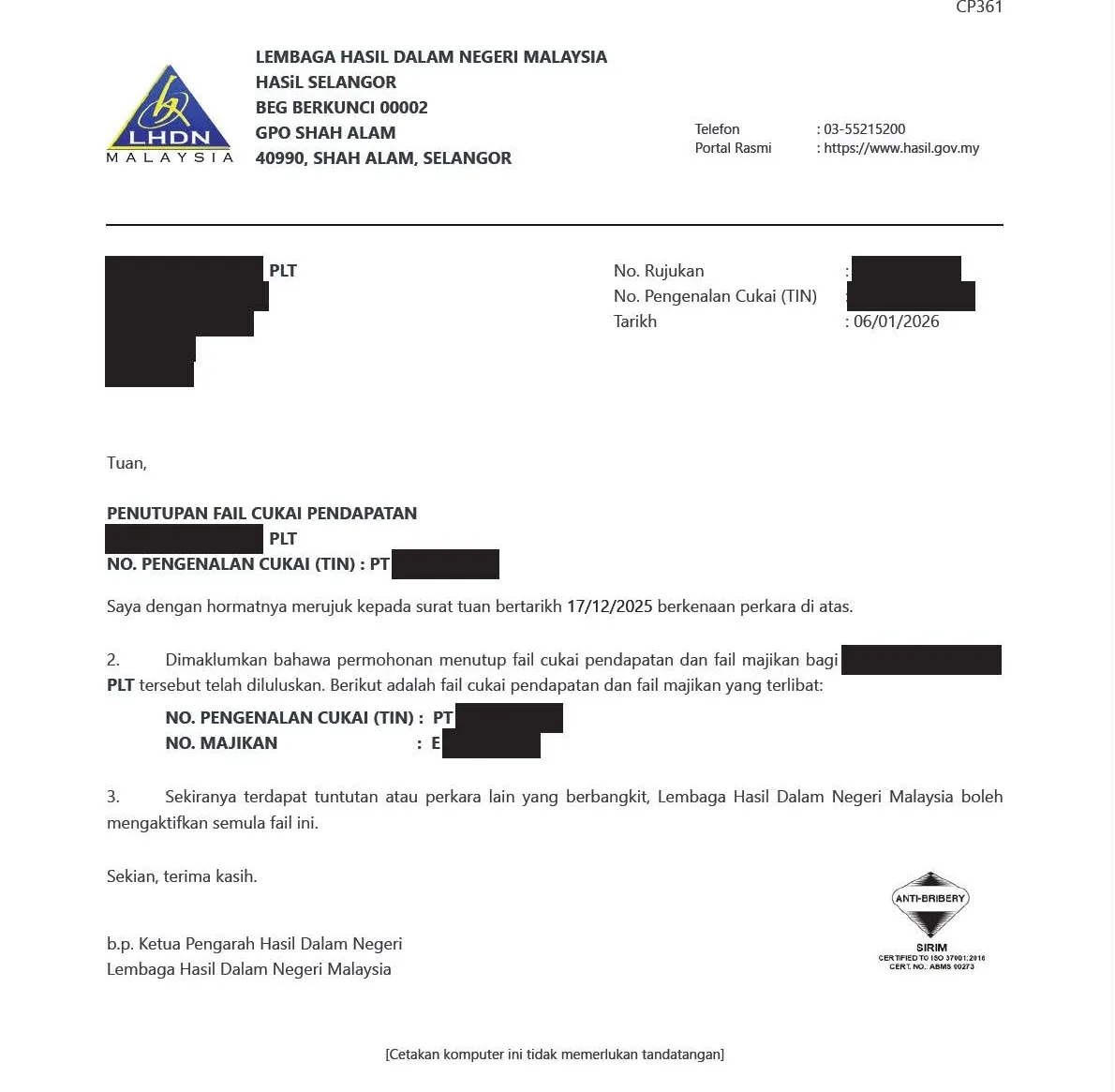 Snapshot of the LLP’s Tax file Closure confirmation letter from LHDN